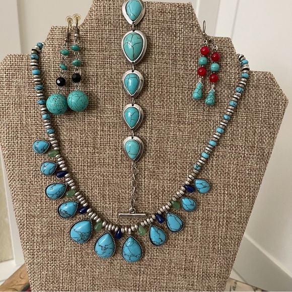Chaps Jewelry - CHAPS Faux Turquoise Necklace 16” with Extender Unbranded Bracelet & Earrings